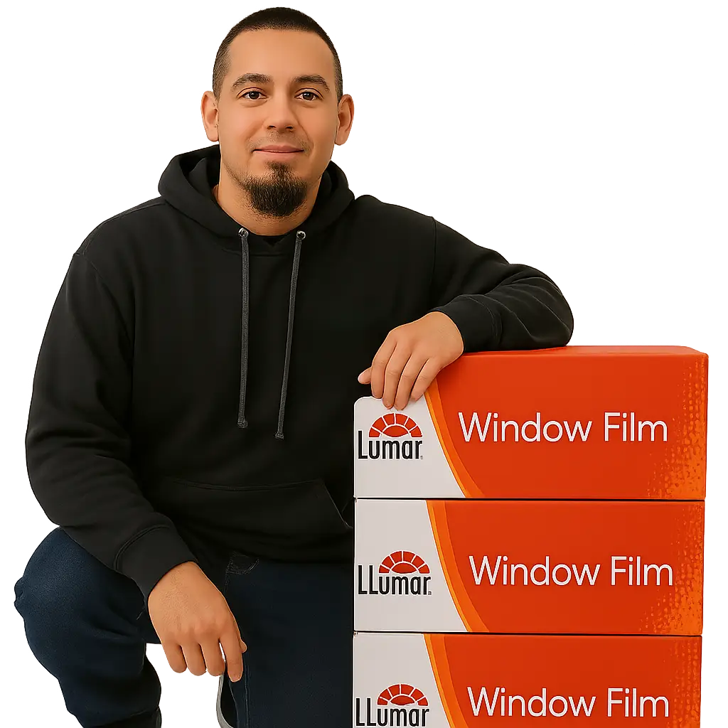 proformance tint geneva illinois employee leaning on llumar window tint film box